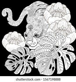 Coloring Pages. Coloring Book for adults. Colouring pictures with tiger and flowers. Antistress freehand sketch drawing with doodle and zentangle elements.