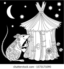 Coloring Pages. Coloring Book for adults. Colouring pictures with rat and lodge. Antistress freehand sketch drawing with doodle and zentangle elements.