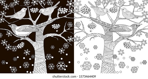 Coloring Pages. Coloring Book for adults. Colouring pictures with birds. Antistress freehand sketch drawing with doodle and zentangle elements.