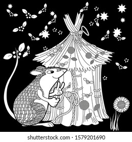 Coloring Pages. Coloring Book for adults. Colouring pictures with mouse and lodge. Antistress freehand sketch drawing with doodle and zentangle elements.