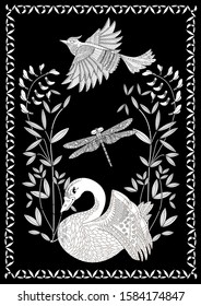 Coloring Pages. Coloring Book for adults. Colouring pictures with swan. Antistress freehand sketch drawing with doodle and zentangle elements.