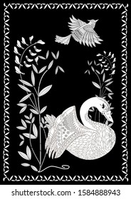 Coloring Pages. Coloring Book for adults. Colouring pictures with swan. Antistress freehand sketch drawing with doodle and zentangle elements.