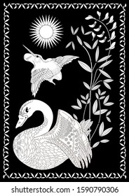 Coloring Pages. Coloring Book for adults. Colouring pictures with swan. Antistress freehand sketch drawing with doodle and zentangle elements.