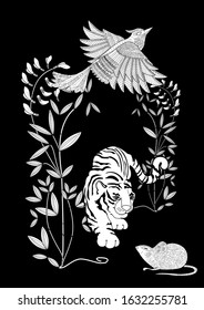 Coloring Pages. Coloring Book for adults. Colouring pictures with tiger. Antistress freehand sketch drawing with doodle and zentangle elements.