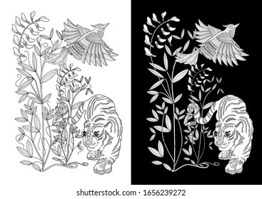 Coloring Pages. Coloring Book for adults. Colouring pictures with tiger. Antistress freehand sketch drawing with doodle and zentangle elements.