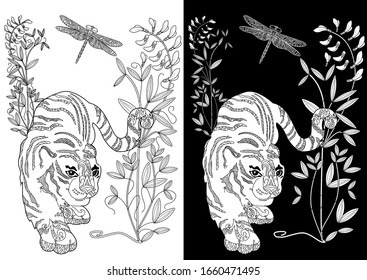 Coloring Pages. Coloring Book for adults. Colouring pictures with tigers. Antistress freehand sketch drawing with doodle and zentangle elements.