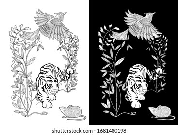 Coloring Pages. Coloring Book for adults. Colouring pictures with tiger. Antistress freehand sketch drawing with doodle and zentangle elements.