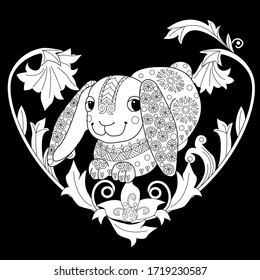 Coloring Pages. Coloring Book for adults. Colouring pictures with rabbit and flowers. Antistress freehand sketch drawing with doodle and zentangle element