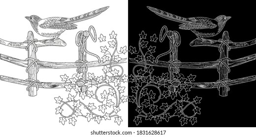 Coloring Pages. Coloring Book for adults. Colouring pictures with magpie. Antistress freehand sketch drawing with doodle and zentangle elements.