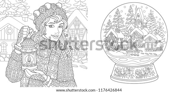 ページの色付け 大人向け塗り絵本 冬の女の子と魔法の雪玉で絵を彩る