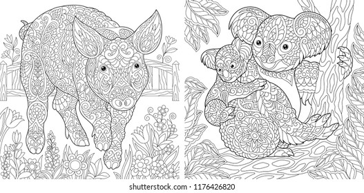 Coloring Pages. Coloring Book for adults. Cute Pig - 2019 Chinese New Year symbol. Colouring picture with koala bears. Antistress freehand sketch drawing with doodle and zentangle elements.