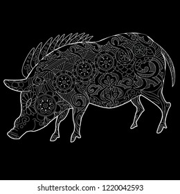 Coloring Pages. Coloring Book for adults. Cute Pig - 2019 Chinese New Year symbol. Antistress freehand sketch drawing with doodle and zentangle elements.