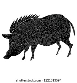 Coloring Pages. Coloring Book for adults. Cute Pig - 2019 Chinese New Year symbol. Antistress freehand sketch drawing with doodle and zentangle elements.