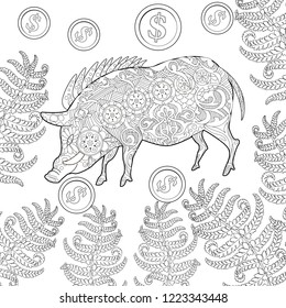 Coloring Pages. Coloring Book for adults. Cute Pig - 2019 Chinese New Year symbol. Antistress freehand sketch drawing with doodle and zentangle elements.