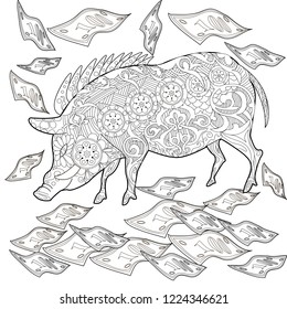 Coloring Pages. Coloring Book for adults. Cute Pig - 2019 Chinese New Year symbol. Antistress freehand sketch drawing with doodle and zentangle elements.