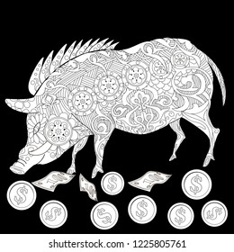 Coloring Pages. Coloring Book for adults. Cute Pig - 2019 Chinese New Year symbol. Antistress freehand sketch drawing with doodle and zentangle elements.