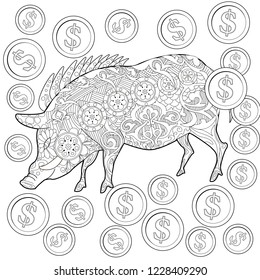 Coloring Pages. Coloring Book for adults. Cute Pig - 2019 Chinese New Year symbol. Antistress freehand sketch drawing with doodle and zentangle elements.