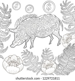 Coloring Pages. Coloring Book for adults. Cute Pig - 2019 Chinese New Year symbol. Antistress freehand sketch drawing with doodle and zentangle elements.