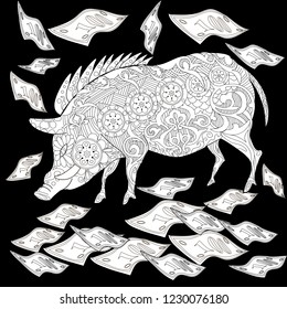 Coloring Pages. Coloring Book for adults. Cute Pig - 2019 Chinese New Year symbol. Antistress freehand sketch drawing with doodle and zentangle elements.