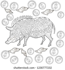 Coloring Pages. Coloring Book for adults. Cute Pig - 2019 Chinese New Year symbol. Antistress freehand sketch drawing with doodle and zentangle elements.