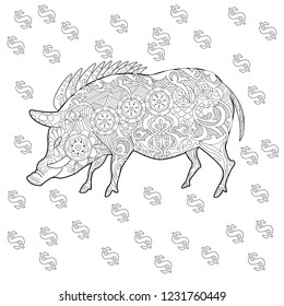 Coloring Pages. Coloring Book for adults. Cute Pig - 2019 Chinese New Year symbol. Antistress freehand sketch drawing with doodle and zentangle elements.