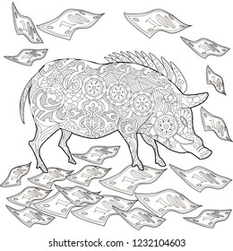 Coloring Pages. Coloring Book for adults. Cute Pig - 2019 Chinese New Year symbol. Antistress freehand sketch drawing with doodle and zentangle elements.