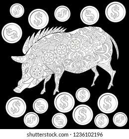 Coloring Pages. Coloring Book for adults. Cute Pig - 2019 Chinese New Year symbol. Antistress freehand sketch drawing with doodle and zentangle elements.