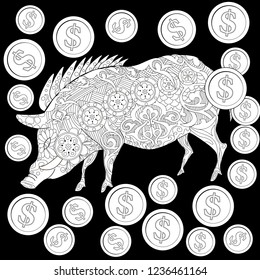 Coloring Pages. Coloring Book for adults. Cute Pig - 2019 Chinese New Year symbol. Antistress freehand sketch drawing with doodle and zentangle elements.