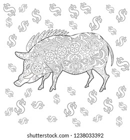 Coloring Pages. Coloring Book for adults. Cute Pig - 2019 Chinese New Year symbol. Antistress freehand sketch drawing with doodle and zentangle elements.