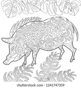 Coloring Pages. Coloring Book for adults. Cute Pig - 2019 Chinese New Year symbol. Antistress freehand sketch drawing with doodle and zentangle elements.