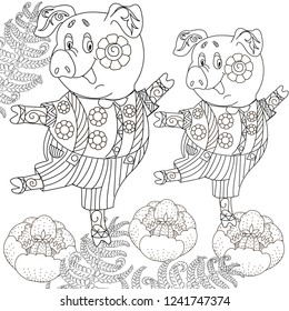 Coloring Pages. Coloring Book for adults. Cute Pig - 2019 Chinese New Year symbol. Antistress freehand sketch drawing with doodle and zentangle elements.