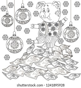 Coloring Pages. Coloring Book for adults. Cute Pig - 2019 Chinese New Year symbol. Antistress freehand sketch drawing with doodle and zentangle elements.