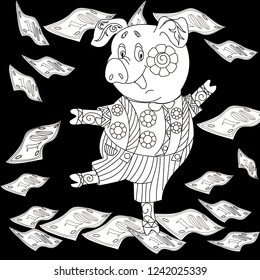 Coloring Pages. Coloring Book for adults. Cute Pig - 2019 Chinese New Year symbol. Antistress freehand sketch drawing with doodle and zentangle elements.