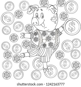 Coloring Pages. Coloring Book for adults. Cute Pig - 2019 Chinese New Year symbol. Antistress freehand sketch drawing with doodle and zentangle elements.