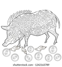 Coloring Pages. Coloring Book for adults. Cute Pig - 2019 Chinese New Year symbol. Antistress freehand sketch drawing with doodle and zentangle elements.