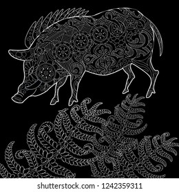 Coloring Pages. Coloring Book for adults. Cute Pig - 2019 Chinese New Year symbol. Antistress freehand sketch drawing with doodle and zentangle elements.