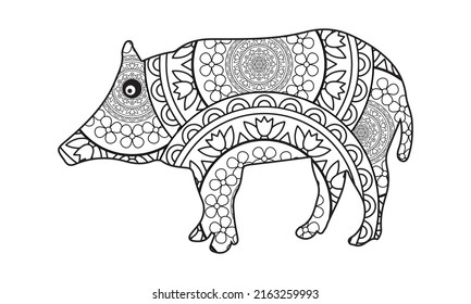 Coloring Pages. Coloring Book for adults. Cute Pig - 2022 Chinese New Year symbol. Colouring picture with koala bears. Antistress freehand sketch drawing with doodle and zentangle elements.
