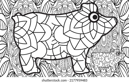 Coloring Pages. Coloring Book for adults. Cute Pig - 2019 Chinese New Year symbol. Colouring picture with koala bears. Antistress freehand sketch drawing with doodle and zentangle elements.