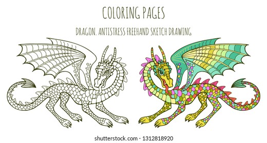 Coloring pages. Coloring book for adults with a fabulous dragon. Anti-stress freehand sketch with doodle elements.