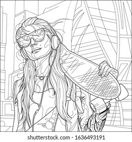 Coloring Pages. Coloring Book for adults. Young girl on the background of the city.