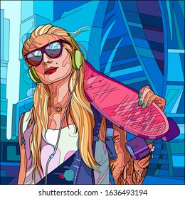 Coloring Pages. Coloring Book for adults. Young girl on the background of the city.