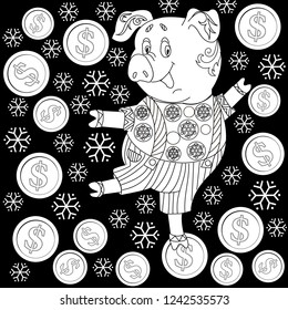 Coloring Pages. Coloring Book for children and adults. Cute Pig - 2019 Chinese New Year symbol. Antistress freehand sketch drawing with doodle and zentangle elements.