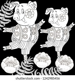 Coloring Pages. Coloring Book for children and adults. Cute Pig - 2019 Chinese New Year symbol. Antistress freehand sketch drawing with doodle and zentangle elements.