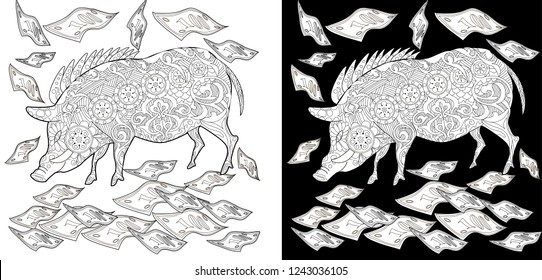 Coloring Pages. Coloring Book for children and adults. Cute Pig - 2019 Chinese New Year symbol. Antistress freehand sketch drawing with doodle and zentangle elements.