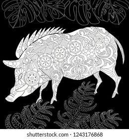 Coloring Pages. Coloring Book for children and adults. Cute Pig - 2019 Chinese New Year symbol. Antistress freehand sketch drawing with doodle and zentangle elements.