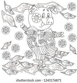 Coloring Pages. Coloring Book for children and adults. Cute Pig - 2019 Chinese New Year symbol. Antistress freehand sketch drawing with doodle and zentangle elements.