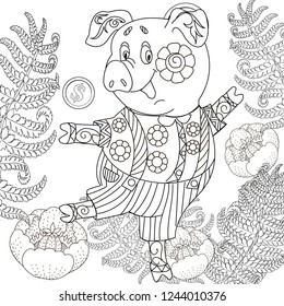 Coloring Pages. Coloring Book for children and adults. Cute Pig - 2019 Chinese New Year symbol. Antistress freehand sketch drawing with doodle and zentangle elements.