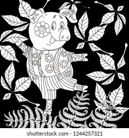 Coloring Pages. Coloring Book for children and adults. Cute Pig - 2019 Chinese New Year symbol. Antistress freehand sketch drawing with doodle and zentangle elements.