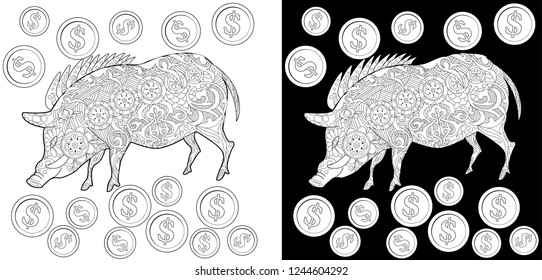 Coloring Pages. Coloring Book for children and adults. Cute Pig - 2019 Chinese New Year symbol. Antistress freehand sketch drawing with doodle and zentangle elements.