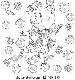 Coloring Pages. Coloring Book for children and adults. Cute Pig - 2019 Chinese New Year symbol. Antistress freehand sketch drawing with doodle and zentangle elements.